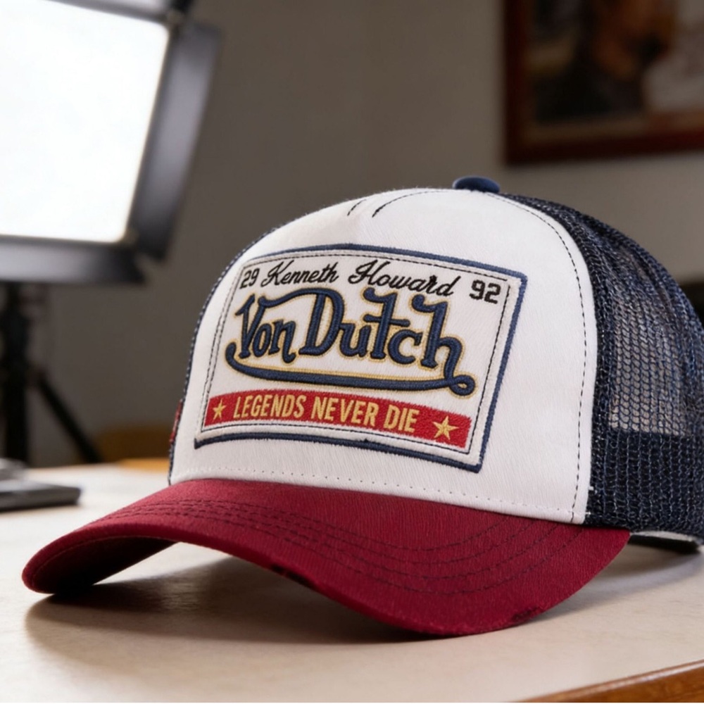 Von Dutch White Front Navy Mesh Burgundy Brim Trucker Hat